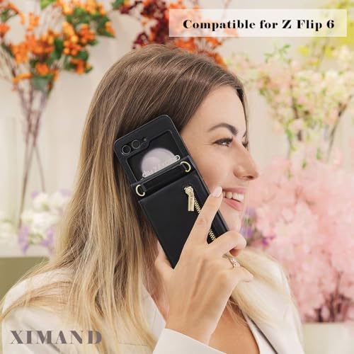 XIMAND for Samsung Galaxy Z Flip 6 Luxury Zipper Wallet Phone Case, Multi-Function Kickstand Card Holder Adjustable Crossbody Strap, Fashion Flip Case.(Green) - Image 4
