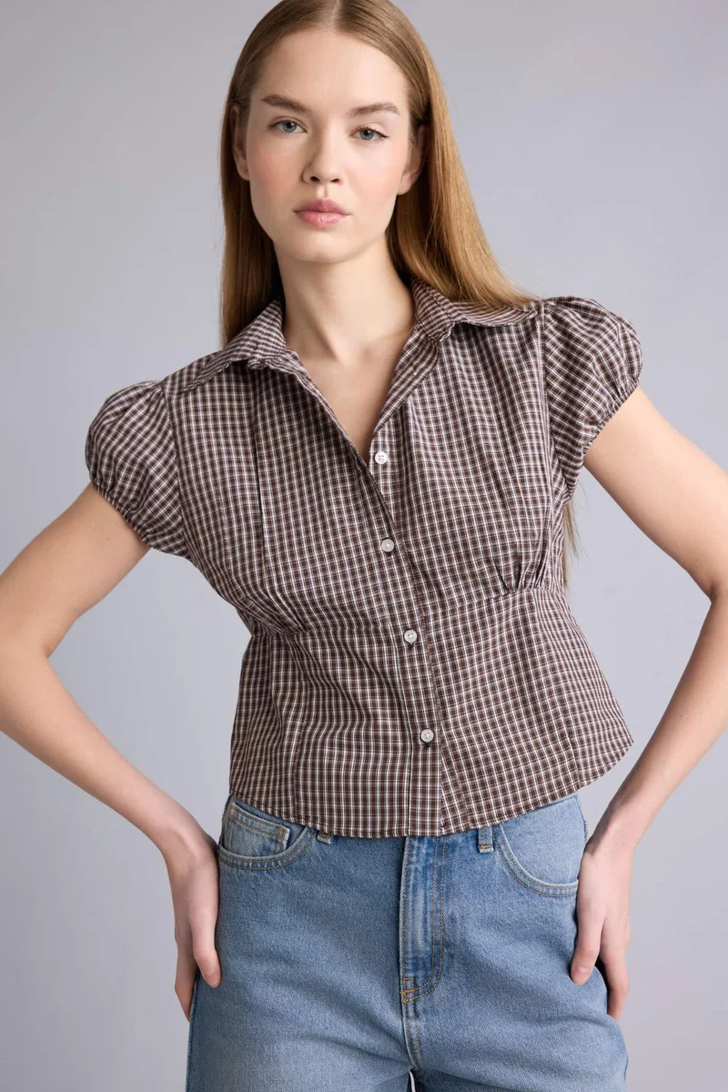 ديفاكتو Slim Fit Shirt Collar Cotton Plaid Short Sleeve Shirt
