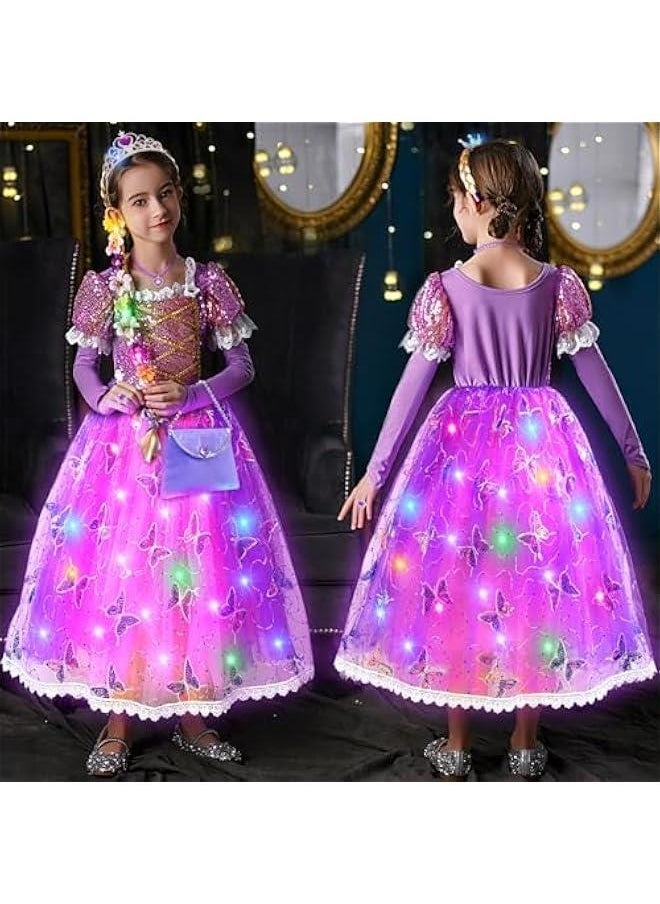 ماركة غير محددة 10 قطع من فستان رابونزيل للبنات مع لمبات LED، زي للأطفال الصغار، مع تاج وعصا، هدايا عيد الهالوين  - Image 3