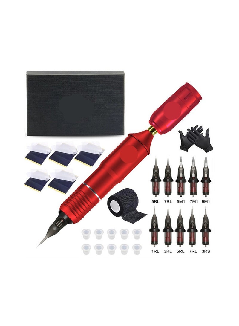 Generic 1-Set Tattoo Kit,Tattoo Pen Rotary Tattoo Machine Tattoo Set with Tattoo Needles Bandage and Gloves and 5 Pieces Tattoo Transfer Paper,Tattoo Machine Colour Red - Image 1