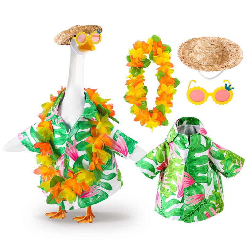 DECOHS 4 Pcs/Set Hawaiian Porch Goose Outfits, Summer Lawn Goose Costume, Yard Goose Clothes Hawaiian Wreath with Straw Hat Glasses for 23" Statue Patio Garden Decoration - Image 1