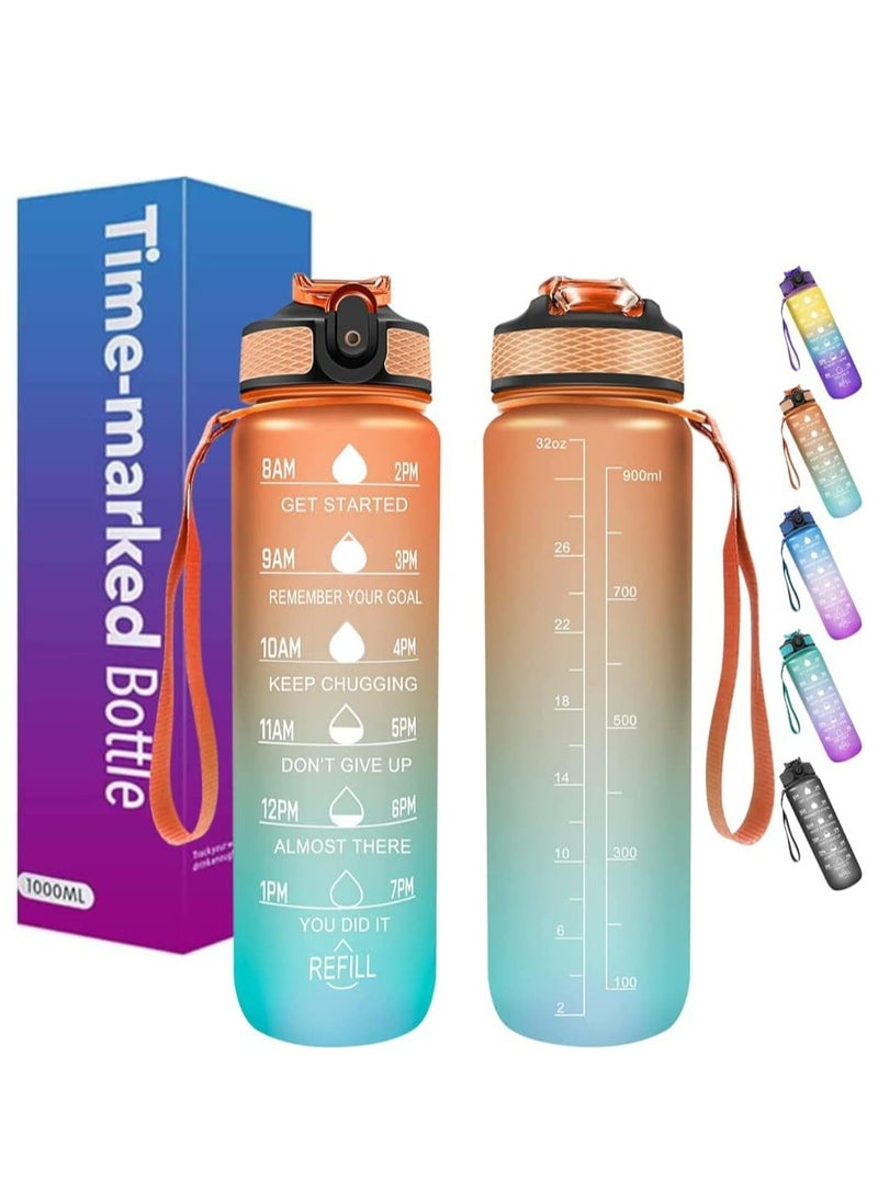 MODERN HOME - Sport Water Bottle 1L 32oz with Motivational Time Marker Straw Strainer Tritan Plastic BPA Free Bottles for kids Fitness Gym Office Outdoor School Sports and Exercise Leak Proof - Image 1