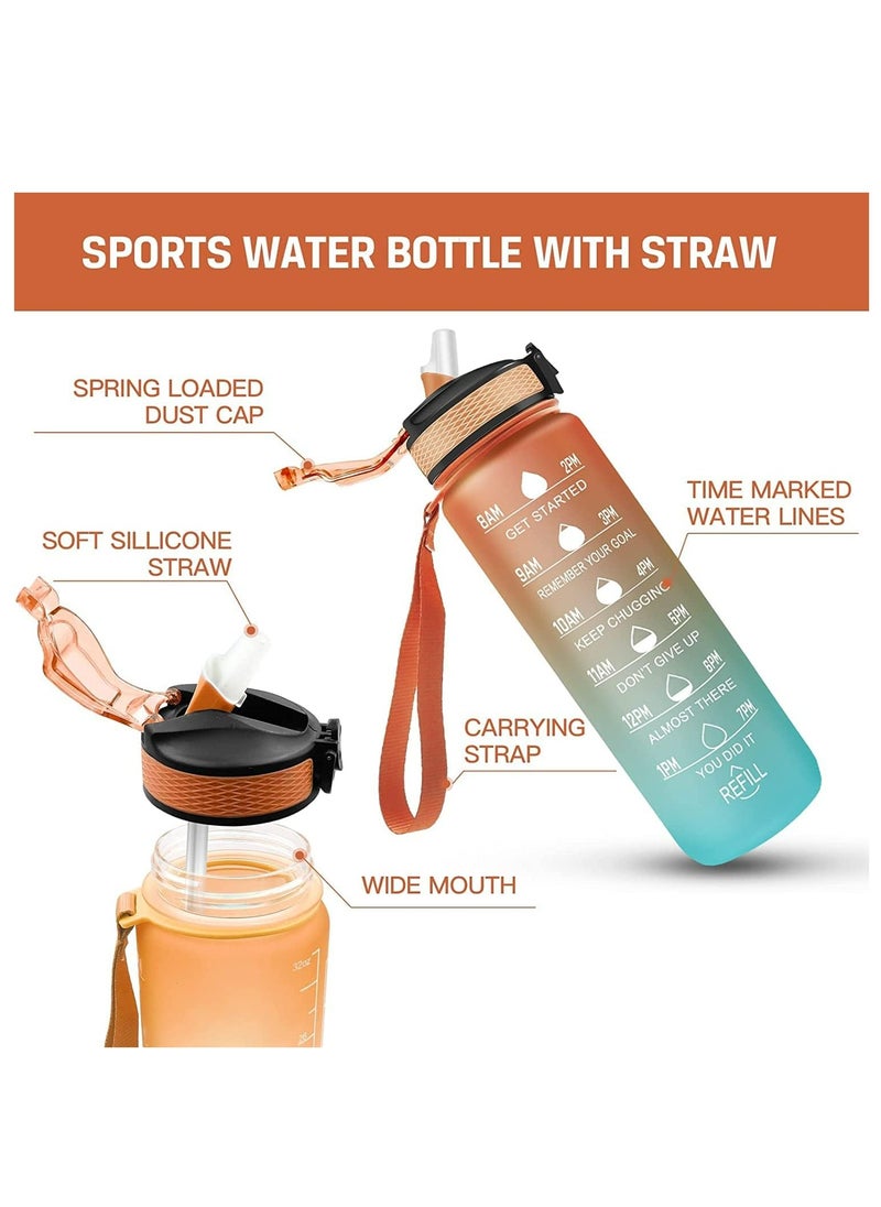 MODERN HOME - Sport Water Bottle 1L 32oz with Motivational Time Marker Straw Strainer Tritan Plastic BPA Free Bottles for kids Fitness Gym Office Outdoor School Sports and Exercise Leak Proof - Image 1