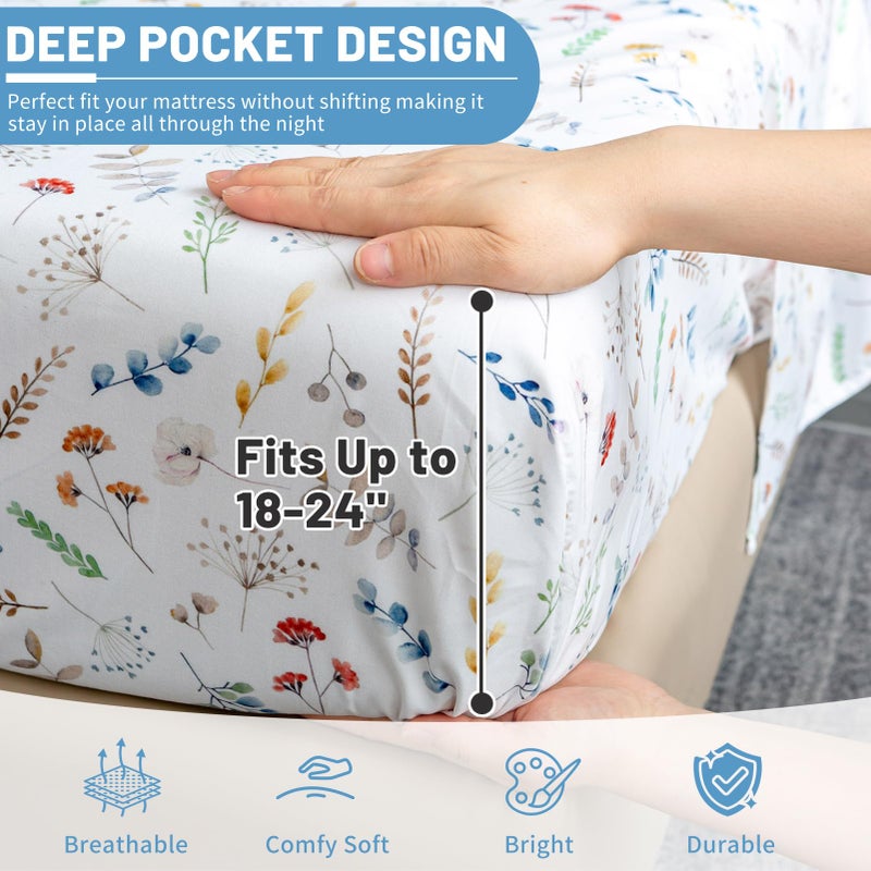 Bedlifes Queen Size Extra Deep Pocket Sheet Sets - Fits Mattresses Up to 18-24" Thick, 4-Piece Microfiber Set with 1800 Thread Count, Soft, Smooth, Breathable, Featuring White Floral - Image 2
