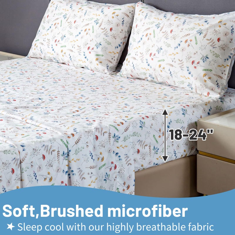 Bedlifes Queen Size Extra Deep Pocket Sheet Sets - Fits Mattresses Up to 18-24" Thick, 4-Piece Microfiber Set with 1800 Thread Count, Soft, Smooth, Breathable, Featuring White Floral - Image 3
