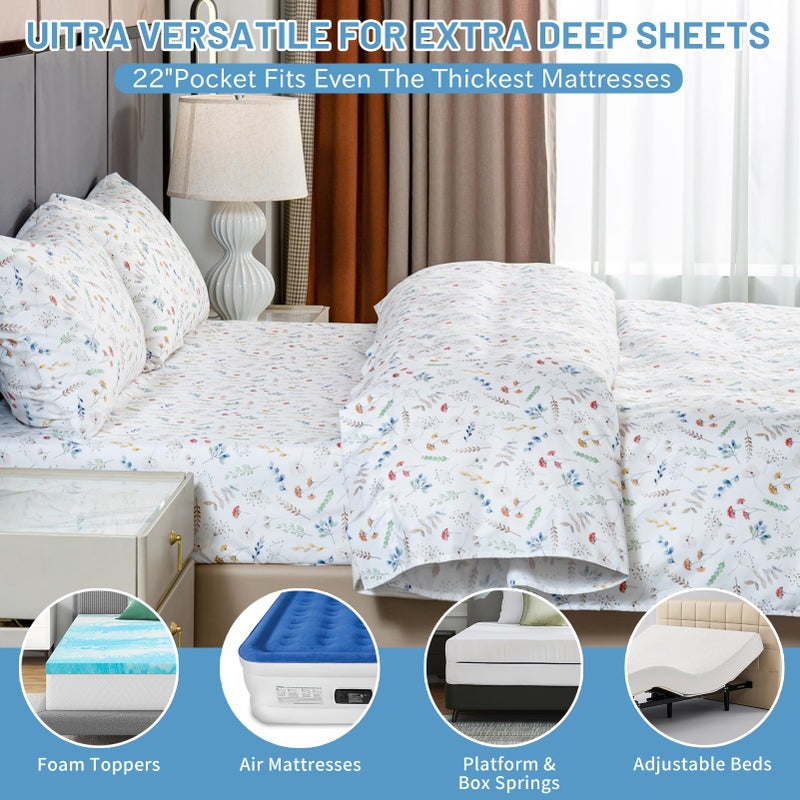 Bedlifes Queen Size Extra Deep Pocket Sheet Sets - Fits Mattresses Up to 18-24" Thick, 4-Piece Microfiber Set with 1800 Thread Count, Soft, Smooth, Breathable, Featuring White Floral - Image 5