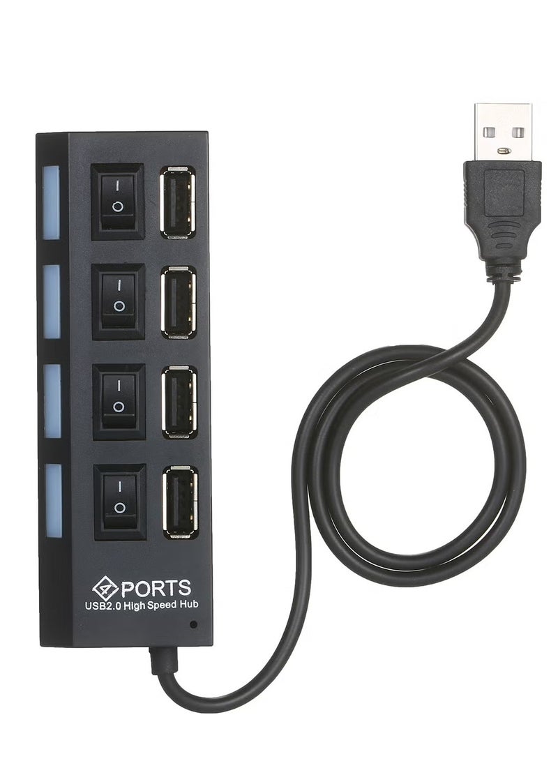 موزع منافذ USB 2.0 وشاحن عالي السرعة مزود بـ4 منافذ USB لنقل البيانات بسرعة 480 ميجابت في الثانية مع مفتاح تشغيل وإيقاف منفصل ومؤشر LED أسود - Image 1