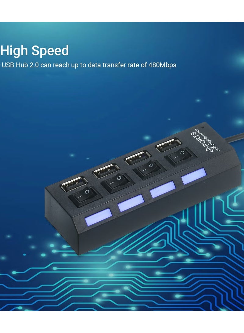 موزع منافذ USB 2.0 وشاحن عالي السرعة مزود بـ4 منافذ USB لنقل البيانات بسرعة 480 ميجابت في الثانية مع مفتاح تشغيل وإيقاف منفصل ومؤشر LED أسود - Image 2