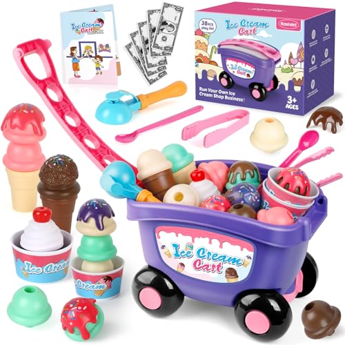 Kasfalci Ice Cream Cart Toy Ice Cream Shop Playset for Kids Grocery Store Pretend Play Food Toys Shopping Cart for Toddlers Scoop and Serve Counter Educational toys for 3 4 5 6 Years Old Girl Boy - Image 1