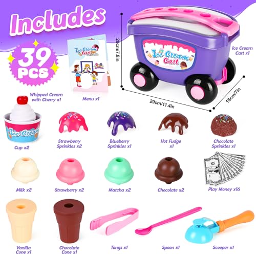 Kasfalci Ice Cream Cart Toy Ice Cream Shop Playset for Kids Grocery Store Pretend Play Food Toys Shopping Cart for Toddlers Scoop and Serve Counter Educational toys for 3 4 5 6 Years Old Girl Boy - Image 5