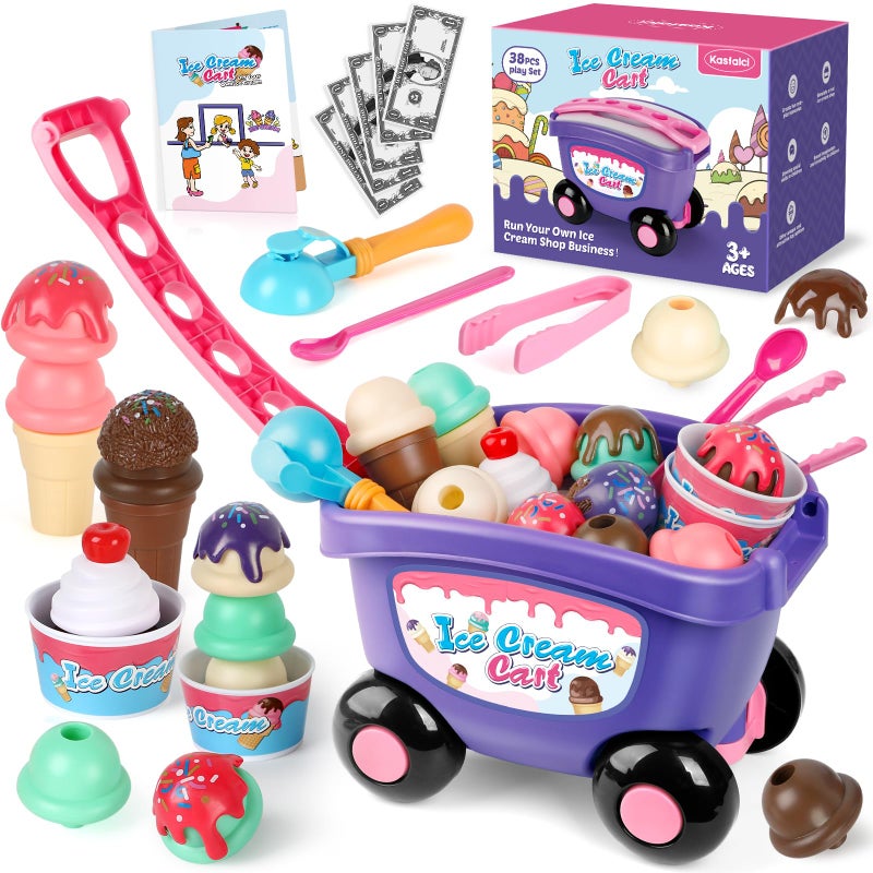 Kasfalci Ice Cream Cart Toy Ice Cream Shop Playset for Kids Grocery Store Pretend Play Food Toys Shopping Cart for Toddlers Scoop and Serve Counter Educational toys for 3 4 5 6 Years Old Girl Boy - Image 3