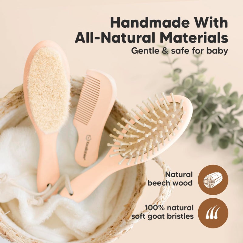 KeaBabies Baby Hair Brush and Comb Set for Newborn - Wooden Baby Hair Brush Set with Soft Goat Bristle, Baby Brush Set for Newborns, Baby Brush and Comb Set Girl, Boy, Toddler Cradle Cap Brush (Oval, Peach) - Image 4
