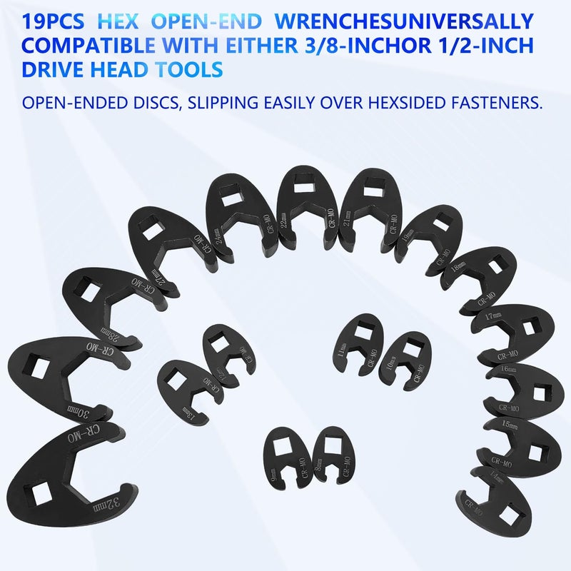 ZKTOOL 19PC 3/8â€ and 1/2â€ Drive Jumbo Crowfoot Flare Nut Wrench Set, Metric Tool 8 to 32 mm Sizes,Flare Nut Wrench set for 3/8in and 1/2in Drive Ratchet. - Image 3