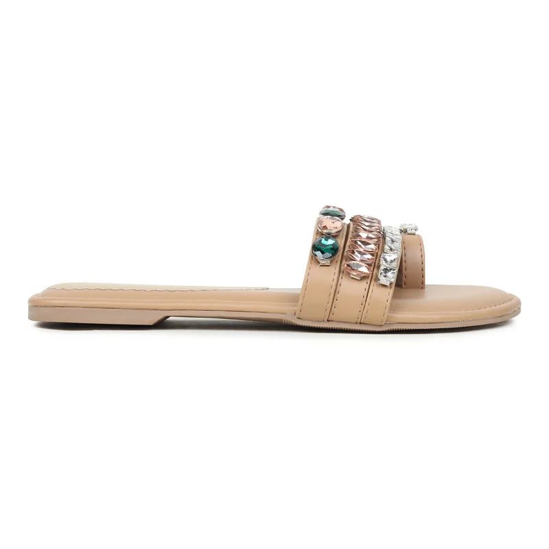 Sandal Stories Beige Rhinestone Bling Flats for Women