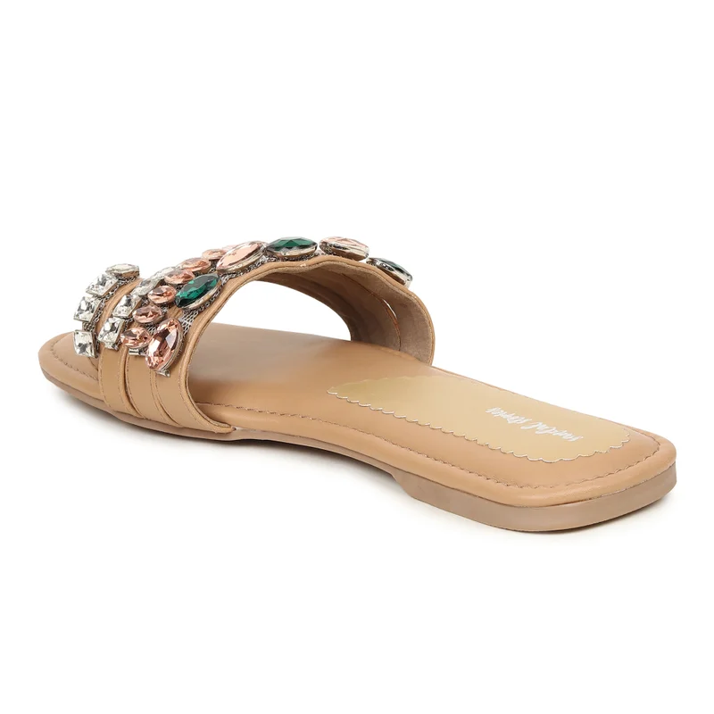Sandal Stories Beige Rhinestone Bling Flats for Women