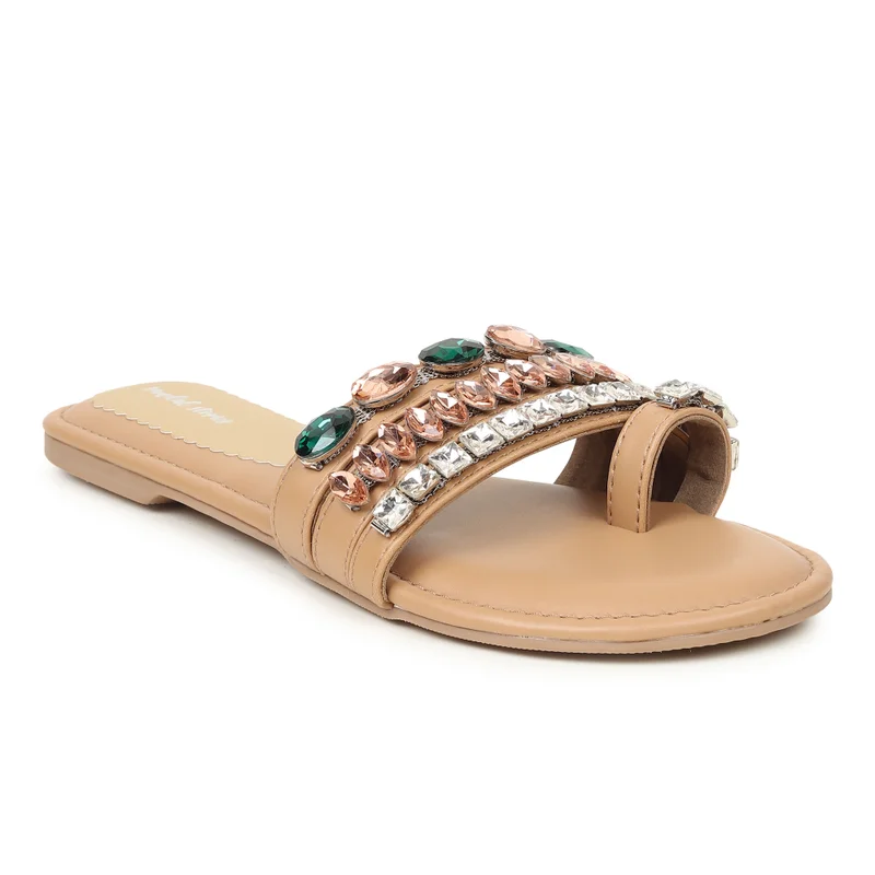 Sandal Stories Beige Rhinestone Bling Flats for Women