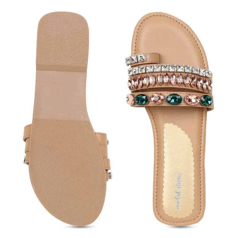 Sandal Stories Beige Rhinestone Bling Flats for Women
