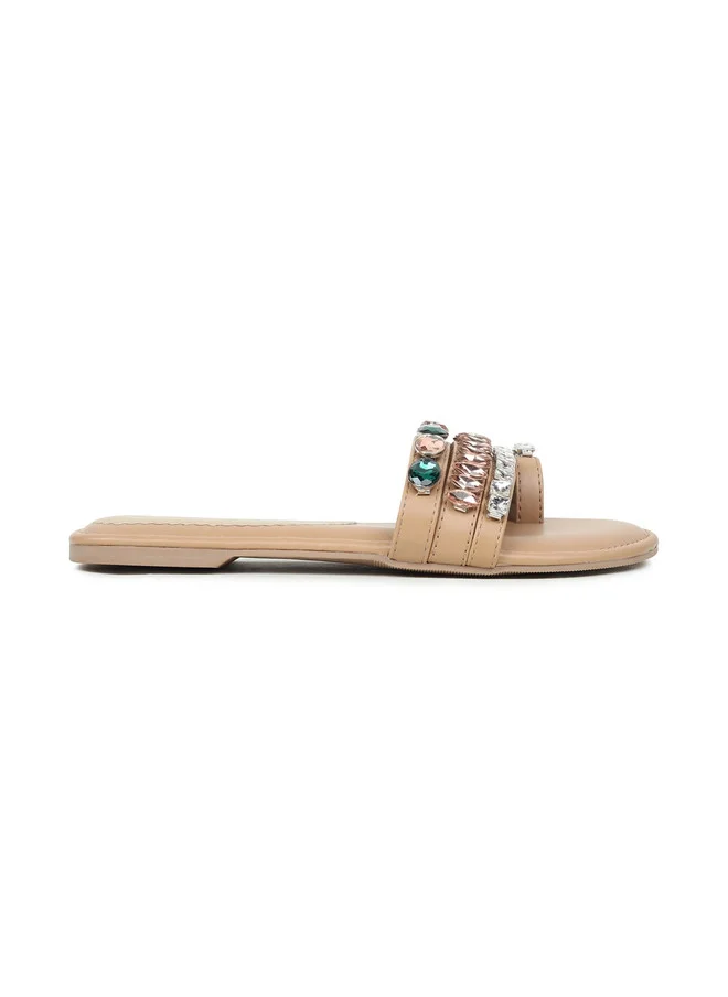 Sandal Stories SANDAL STORIES Women Western Embellished One Toe Flats in Beige