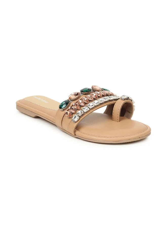 Sandal Stories SANDAL STORIES Women Western Embellished One Toe Flats in Beige
