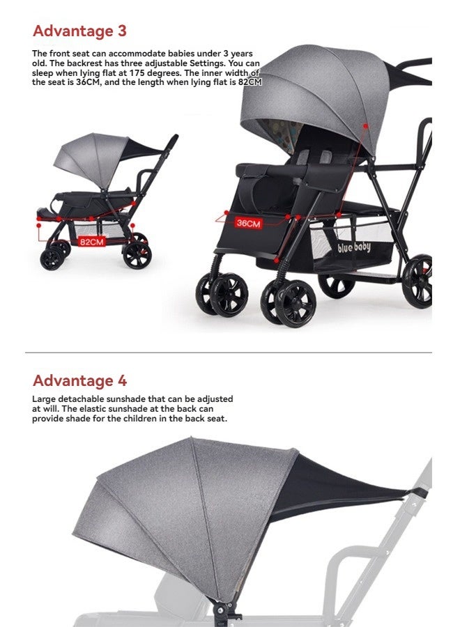 Beauenty Sit and Stand Double Stroller with Rear Bench and Standing Platform, 3-Way Reclining Seats - Image 5