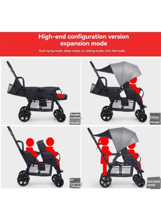Beauenty Sit and Stand Double Stroller with Rear Bench and Standing Platform, 3-Way Reclining Seats - Image 3
