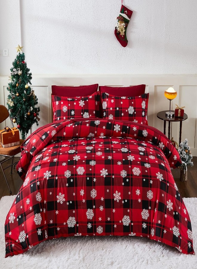 Djoymock Christmas Bedding Set, Christmas Comforter Set Queen Size 7 Piece Red plaid Snowflake Bed in a Bag Revesible Microfiber Winter Down Alternative Bed Set with Pillowcases & Shams,Sheets for Girls Boys - Image 1