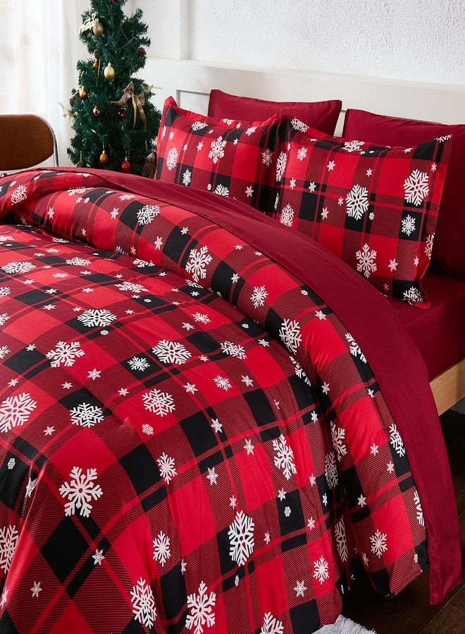 Djoymock Christmas Bedding Set, Christmas Comforter Set Queen Size 7 Piece Red plaid Snowflake Bed in a Bag Revesible Microfiber Winter Down Alternative Bed Set with Pillowcases & Shams,Sheets for Girls Boys - Image 3