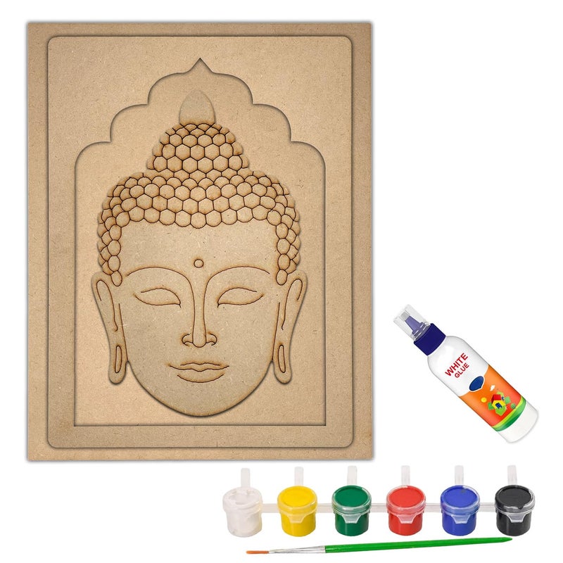 Wrapping Studio MDF Board for Lippan Art - Pre-Marked Lord Buddha Face Design Cutouts for Craft, Painting, DIY Projects - Eco-Friendly MDF Wood, 30x23 cm, with Colors and Glue - Image 1