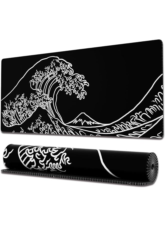 erorex - Gaming Mouse Pad With Stitched Edges Japanese Wave Black Mouse Pad Extended Xl Mousepad With Anti Slip Base Cool Large Mouse Pad For Desk 31.5 X 11.8 In Black Ob Mp E 17 B - Image 1