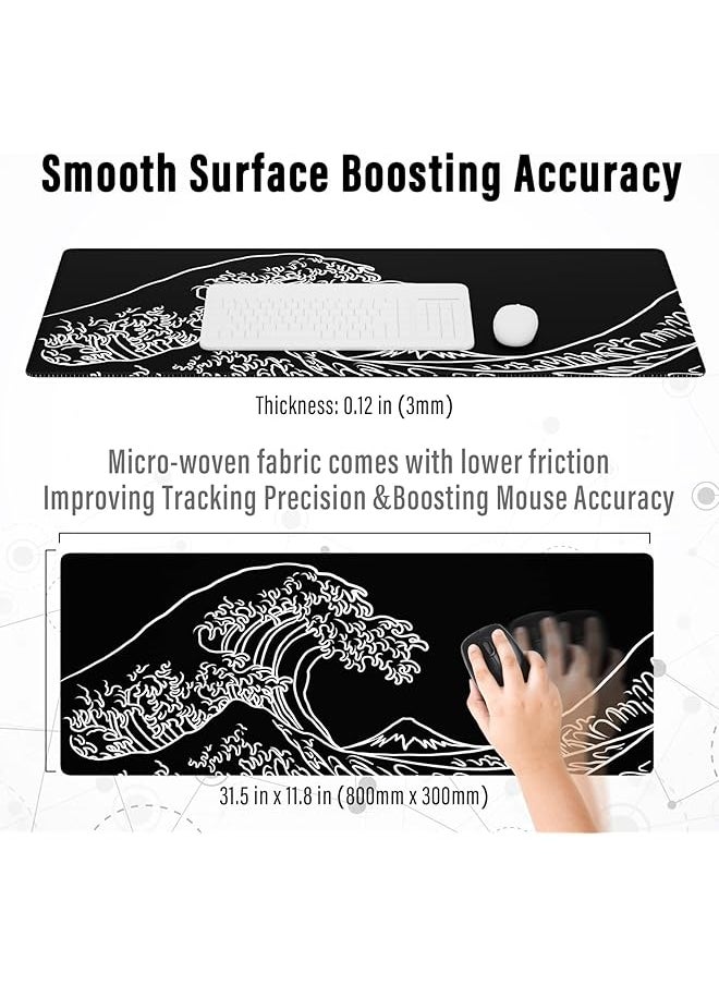 erorex - Gaming Mouse Pad With Stitched Edges Japanese Wave Black Mouse Pad Extended Xl Mousepad With Anti Slip Base Cool Large Mouse Pad For Desk 31.5 X 11.8 In Black Ob Mp E 17 B - Image 1