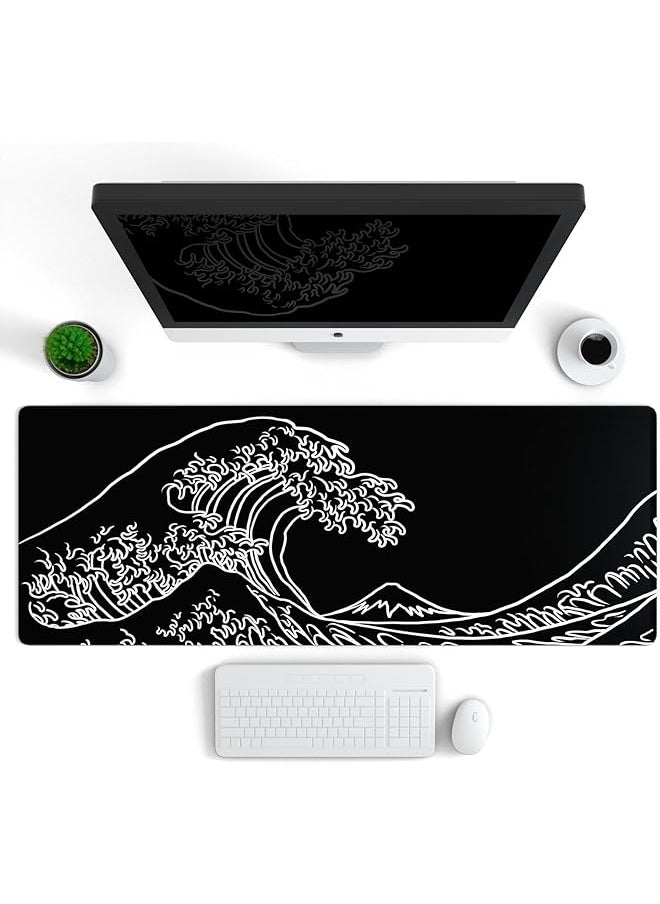 erorex - Gaming Mouse Pad With Stitched Edges Japanese Wave Black Mouse Pad Extended Xl Mousepad With Anti Slip Base Cool Large Mouse Pad For Desk 31.5 X 11.8 In Black Ob Mp E 17 B - Image 1