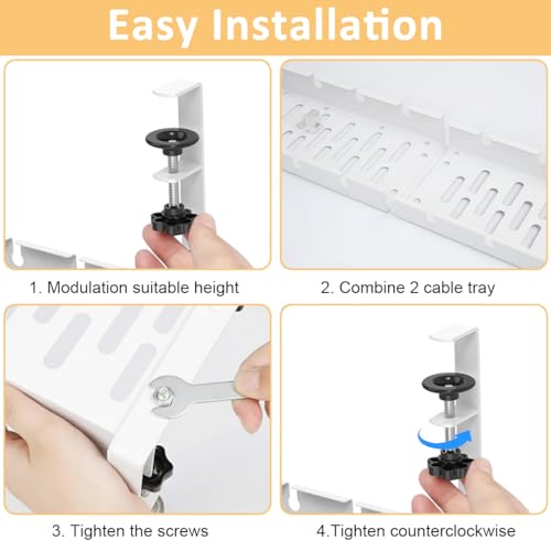 OFIFO® Under Desk Cable Management Tray, No Drill Retractable 11.2-21.6 Inch Adjustable Metal Cable Organizer, Clamp-On Wire Management Basket for Office Desk, Home Workspace Or Study Table (White) - Image 3