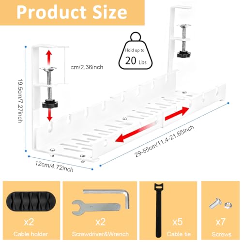 OFIFO® Under Desk Cable Management Tray, No Drill Retractable 11.2-21.6 Inch Adjustable Metal Cable Organizer, Clamp-On Wire Management Basket for Office Desk, Home Workspace Or Study Table (White) - Image 2