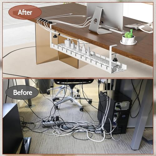 OFIFO® Under Desk Cable Management Tray, No Drill Retractable 11.2-21.6 Inch Adjustable Metal Cable Organizer, Clamp-On Wire Management Basket for Office Desk, Home Workspace Or Study Table (White) - Image 4