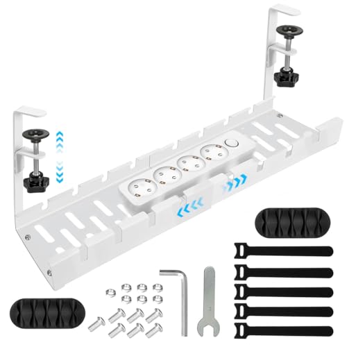 OFIFO® Under Desk Cable Management Tray, No Drill Retractable 11.2-21.6 Inch Adjustable Metal Cable Organizer, Clamp-On Wire Management Basket for Office Desk, Home Workspace Or Study Table (White) - Image 1