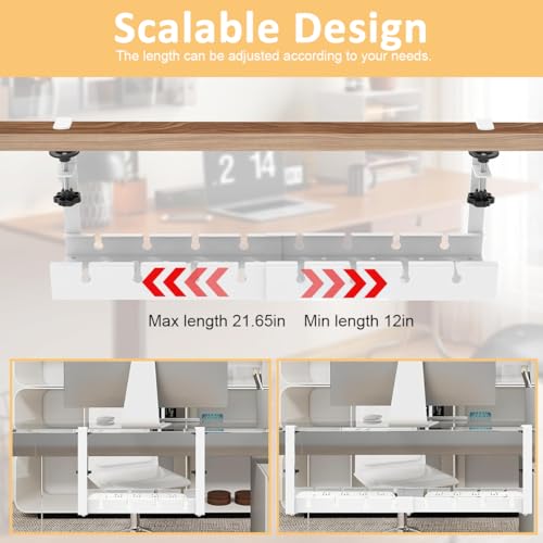 OFIFO® Under Desk Cable Management Tray, No Drill Retractable 11.2-21.6 Inch Adjustable Metal Cable Organizer, Clamp-On Wire Management Basket for Office Desk, Home Workspace Or Study Table (White) - Image 5