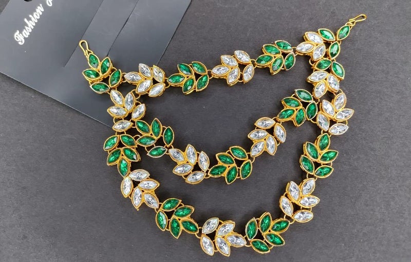 Imaashi Rhinestone Kundan Work Wedding Tiara Headband Bridal Headpiece Hair Chain for Party Hair Accessories for Girls Women (White & Green) - Image 2