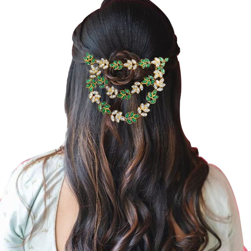 Imaashi Rhinestone Kundan Work Wedding Tiara Headband Bridal Headpiece Hair Chain for Party Hair Accessories for Girls Women (White & Green) - Image 1