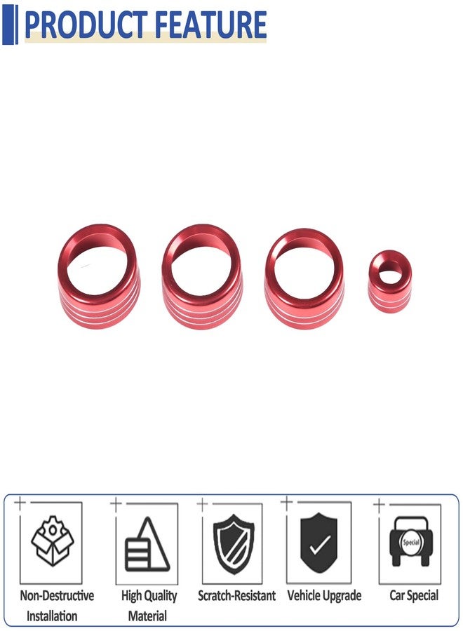 Daeiclru Central Control Adjustment Knob Compatible with Jaguar F-Type 2013-2022, Aluminum Alloy AC Air Conditioner Switch Volume Tune Knob Button Ring Accessories, 4PCS (Red) - Image 3