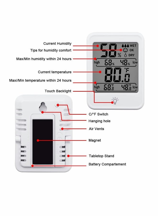 KASTWAVE Hygrometer Humidity Gauge Indicator Digital Indoor Thermometer Room Temperature and Humidity Monitor with Touch Backlight White [1 Pack] - Image 2