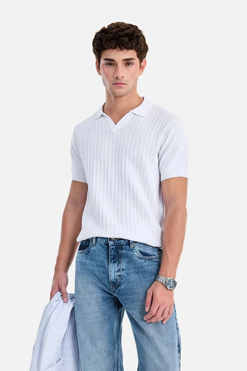 سنيتش White Textured Half Sleeve Regular Fit T-Shirt