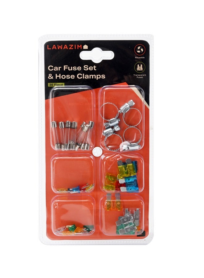 LAWAZIM 36-Piece Car Fuse Set with 16mm Hose Clamps - Assortment of 5A Tube Fuses, Mini, Medium, and Low Profile Blade Fuses - Ideal for Automotive Electrical Replacement and DIY Repairs - Image 5