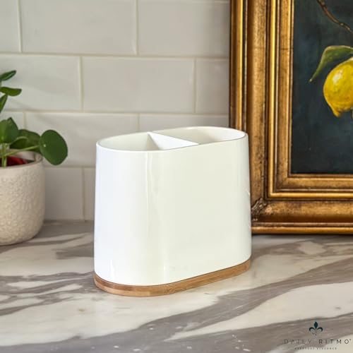 DAILY RITMO® White Large Oval Utensil Holder with Bamboo Wooden Base - Image 5