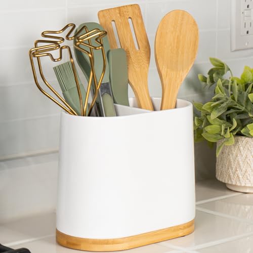 DAILY RITMO® White Large Oval Utensil Holder with Bamboo Wooden Base - Image 1