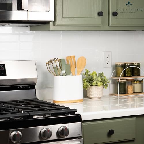 DAILY RITMO® White Large Oval Utensil Holder with Bamboo Wooden Base - Image 3