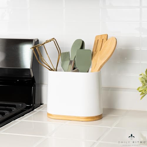 DAILY RITMO® White Large Oval Utensil Holder with Bamboo Wooden Base - Image 2