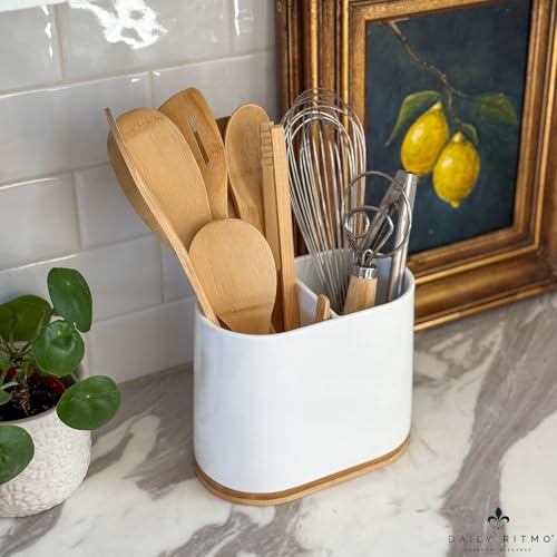 DAILY RITMO® White Large Oval Utensil Holder with Bamboo Wooden Base - Image 4