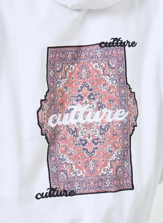 Styli Men White Tapestry Print Oversized Heavy Fleece Hoodie