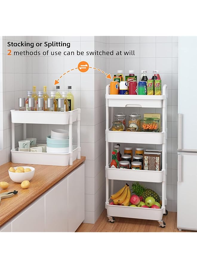 erorex Rolling Utility Cart With Drawer Multifunctional Storage Organizer Rolling Cart With Plastic Shelf And Metal Wheels For Kitchen Bathroom Living Room Office With Drawer 4 Tier White - Image 5