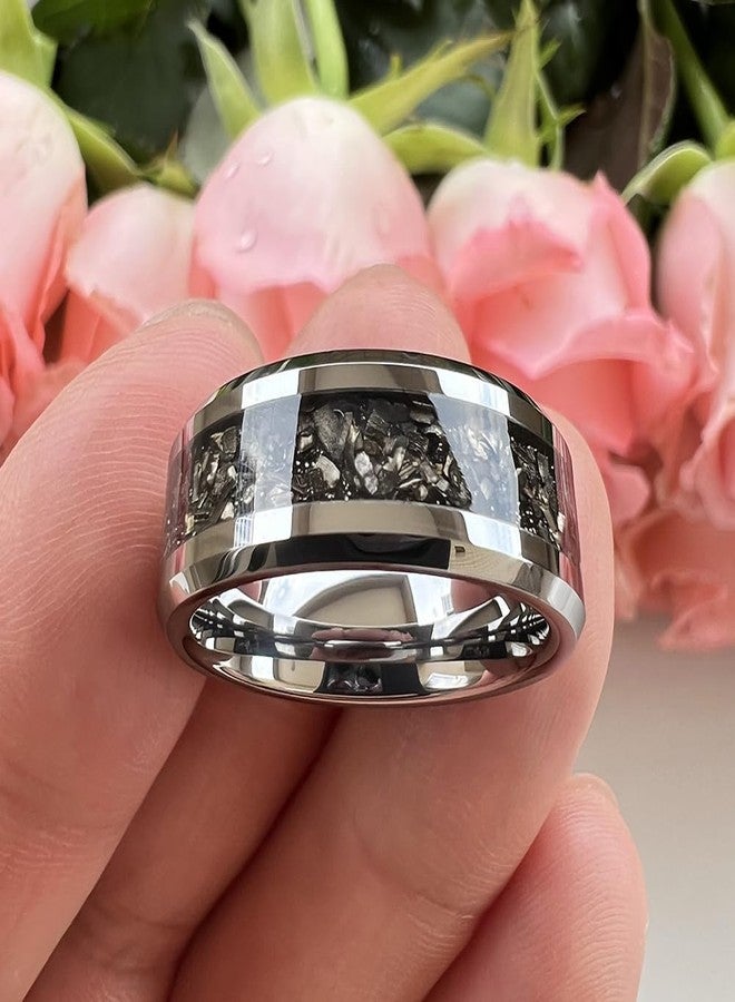 TUTISS 8mm Tungsten Rings for Men Women Meteorite Shavings Inlay Promise Engagement Wedding Bands Beveled Edges Polished Shiny Comfort Fit Size 13 - Image 3
